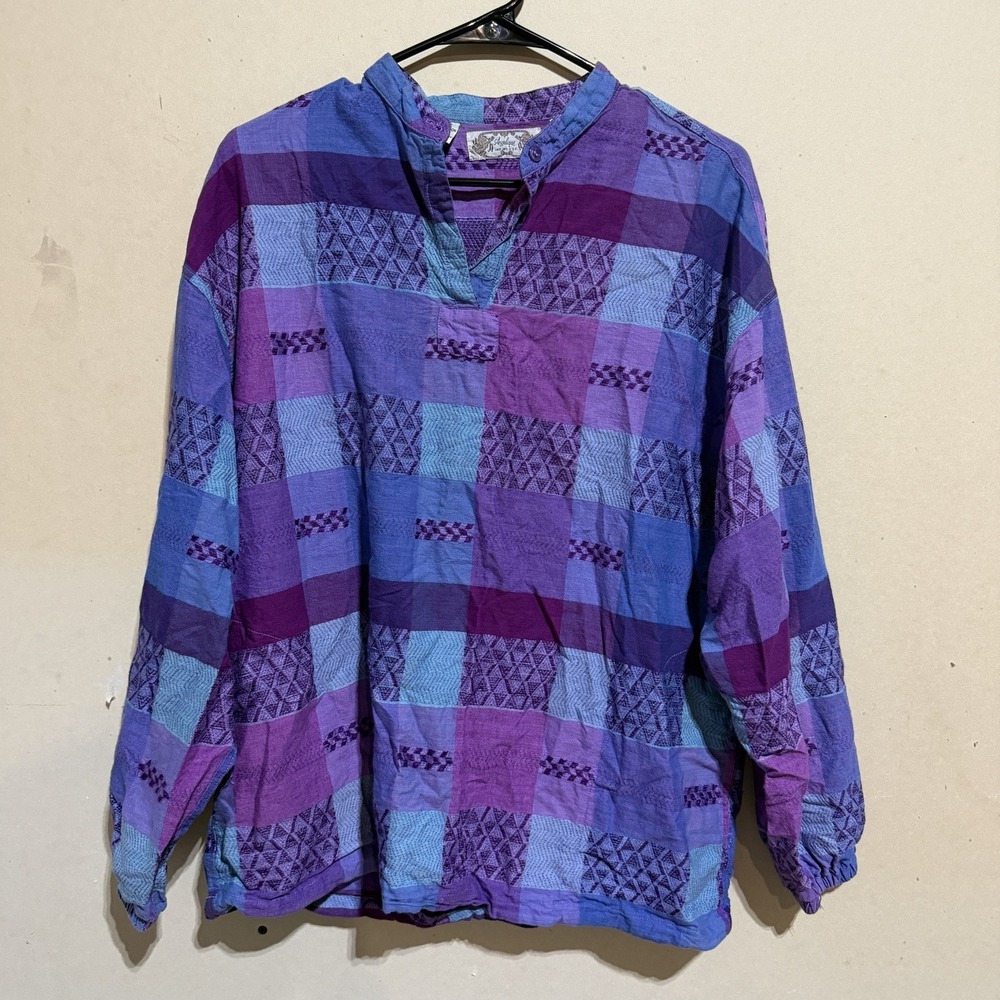Vintage Angelique Patchwork Plaid Woven Top Cotton Ikat Pattern Pockets One Size